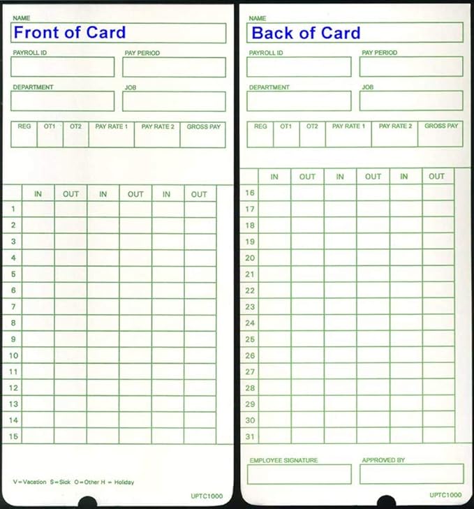 100 Time Cards for uPunch HN3000 AutoAlign Time Clock (uPTC1000-1 fits HN1000, HN1500, HN3000, HN3500, HN3540, UB1000) Non-Calculating Compatible