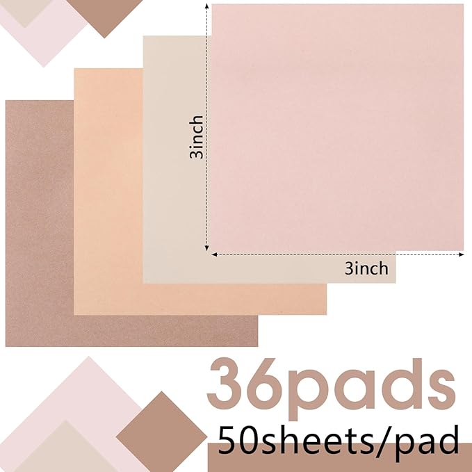Thenshop 36 Pads Sticky Notes 3''x3'', Self Stick Notes Pads Office Supplies, 50 Sheets/pad Colored Aesthetic Sticky Accessories Home, Office, Notebook(Boho Brown)