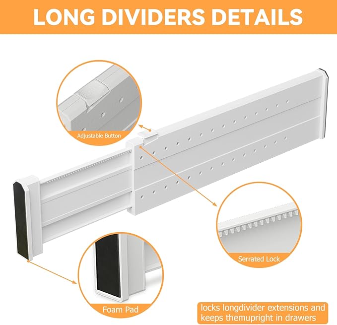 REBECAT 8 Pack Drawer Dividers for Clothes Adjustable Drawer Dividers 4" High Expandable from 15"-21" for Dresser Baby Clothes Bathroom,Bedroom Kitchen and Office Storage，White