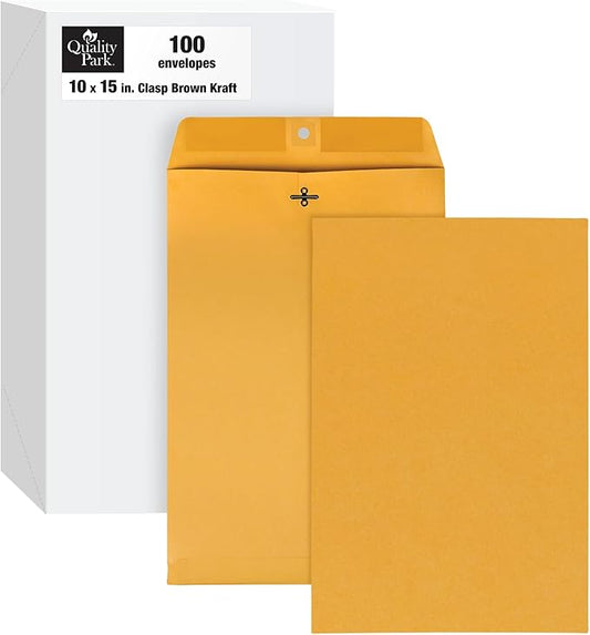 Quality Park 10 x 15 Clasp Envelopes, Clasp and Gummed Closures for Storing or Mailing, Heavy-Duty 32 lb Kraft Paper, 100 per Box (QUA37798)