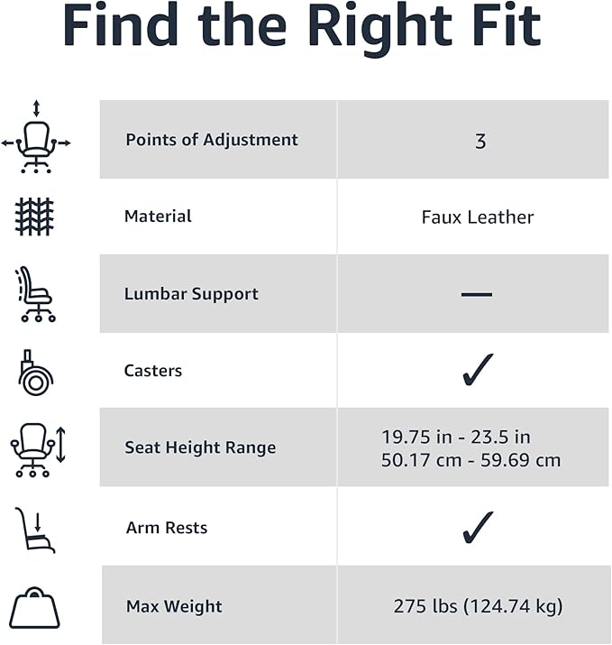 Amazon Basics Classic Puresoft PU Padded Mid-Back Height Adjustable Office Computer Desk Chair with Armrest, 26"D x 23.75"W x 42"H, Black