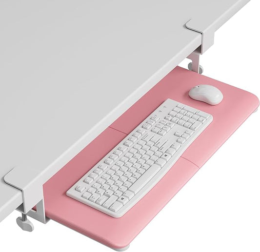 BONTEC KMT01 Under Desk Keyboard Tray, Pull-Out Keyboard & Mouse Platform with C-Clamp, 25.6 x 11.8 in Space-Saving Ergonomic Slide-Out Drawer, Pink