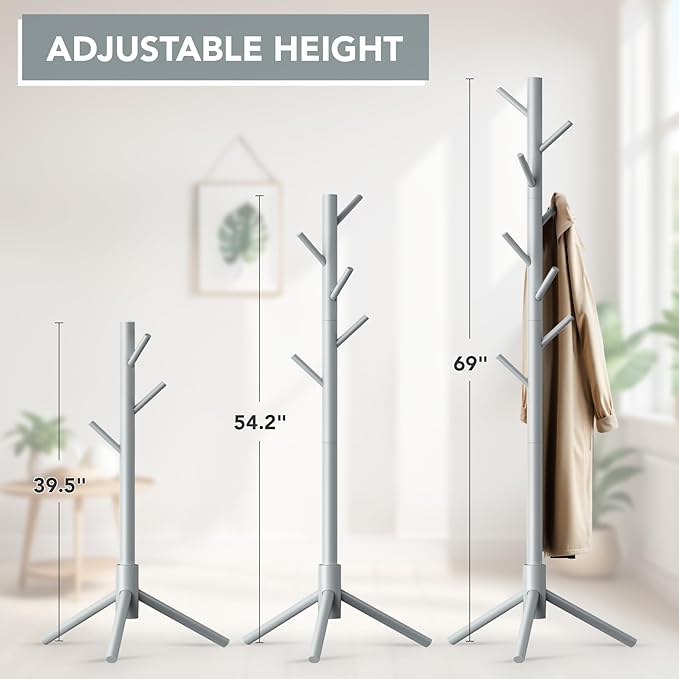 Wooden Tree Coat Rack Stand,Sturdy Freestanding Coat Rack with 8 Hooks,3 Adjustable Height for Child Adult,Wood Coat Stand Tree Fits Entryway Bedroom Office for Bags,Hats