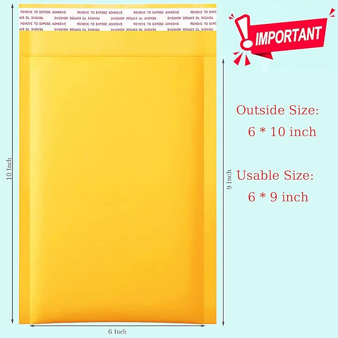 packbabol Kraft Bubble Mailers 6x10 Inch 50 Pcs,Small Self-Sealing Mail Shipping Bags,Yellow Padded Envelopes #0