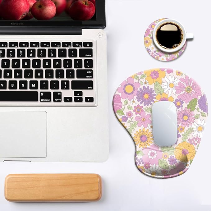 Ergonomic Mouse Pad with Wrist Support and Coaster,Mouse Pads with Non-Slip PU Base for Home Office Working Studying Easy Typing & Pain Relief Daisy Blossom