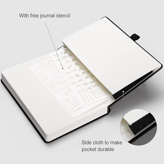 AHGXG Bullet Dotted Journal - 320 Numbered Pages Dot Grid Notebook A5 Thick Journal, 100gsm Thick Dotted Paper, Leather Hardcover,Inner Pocket, 5.75'' × 8.38'' - Black