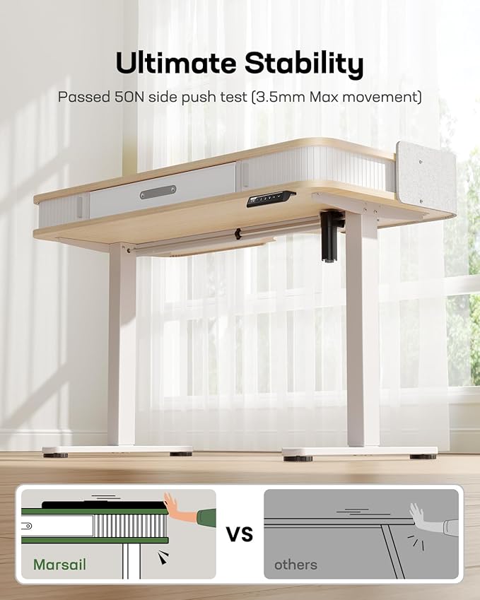 Marsail Electric Standing Desk Whole-Piece Desktop 48 x 24 Inches Height Adjustable Desk with 3 Drawers Home Office Table with 3 Memory Preset