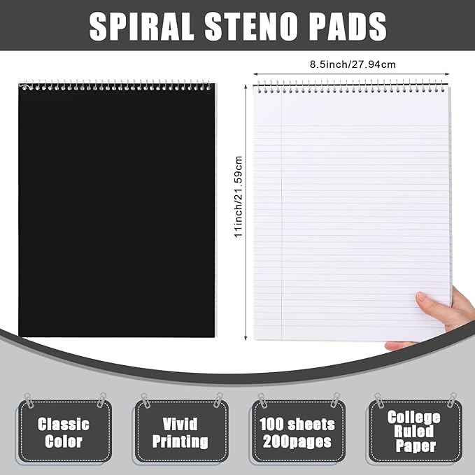Faccito 6 Pack Top Steno Spiral Notebooks Bulk Top Bound Steno Pads Spiral Book11 x 8-1/2" 100 Sheets College Ruled Paper Notebooks for Office School University Work Supplies (Black)