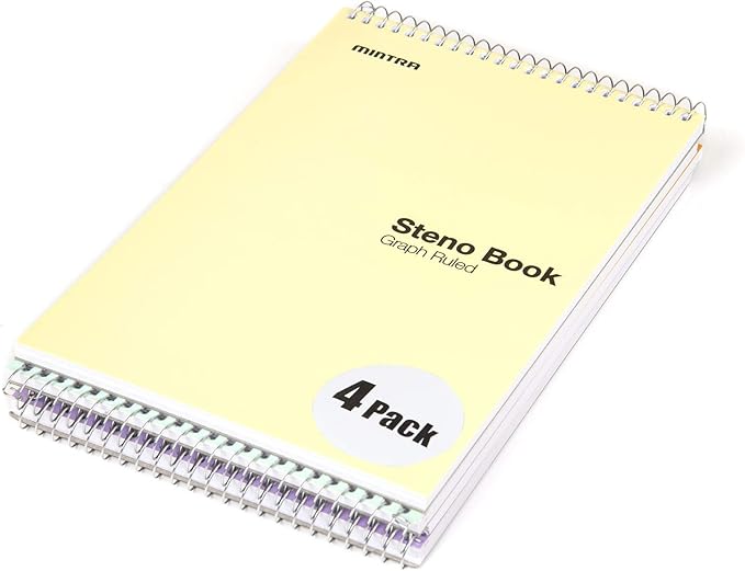 Mintra Office Steno Book - (Pastel Colors, 4 Pads/Pack, Graph Ruled) - 6inx9in, 70 Sheets, Notebook for writing notes in school, university, college, work, office