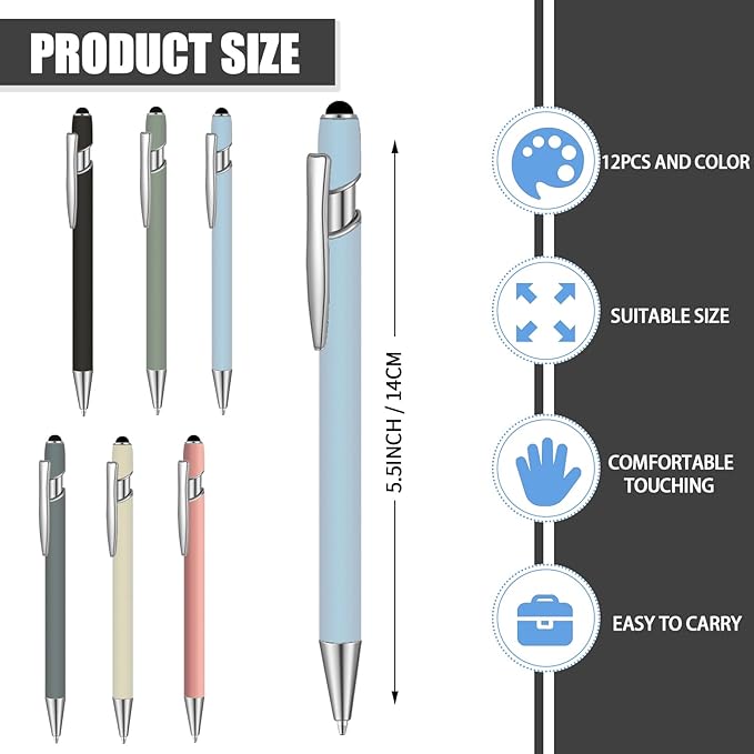12 Pcs Blue Ink Ballpoint Pen with Stylus Tip, 1.0 mm Metal Pen Stylus Pen for Touch Screens, 2 in 1 Thank You Pen Gift for Friends, Colleagues, Coworker, Office, Family(Moran)