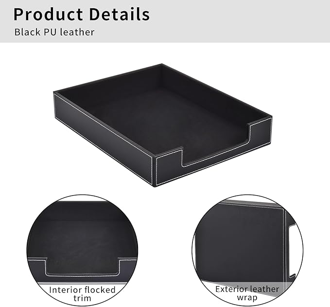Leather 1-Layer Letter Tray Stackable File Document Tray,A4 Paper Case Rack Desk Office Supplies Organizer Holders,Desktop Organization, Pen Mail Magazine Storage Box(Black)