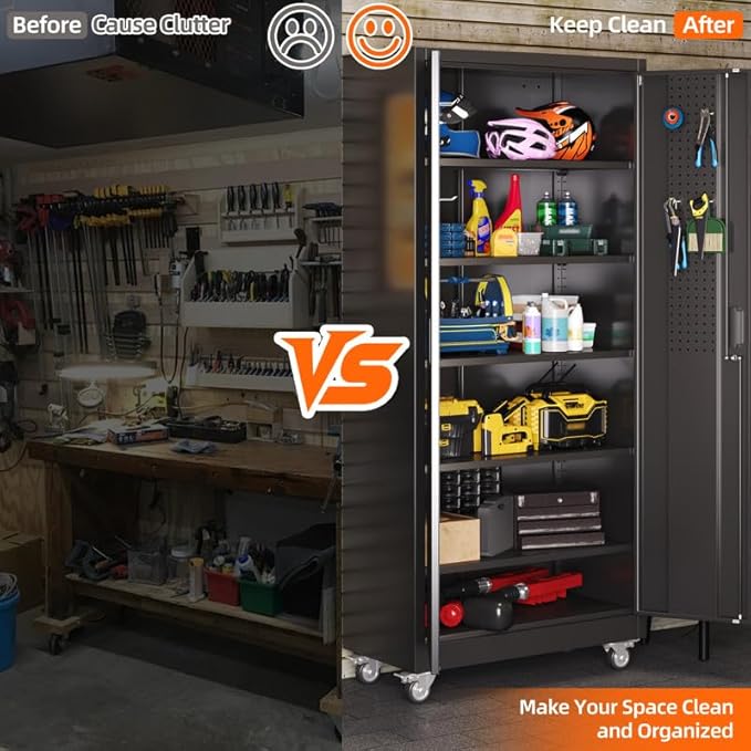 Aobabo Upgraded 71''H Metal Garage Storage Cabinet with Wheels and Door Pegboard,Steel Cabinets with 2 Doors and 5 Adjustable Shelves for Home Office,Required Assembly,Black