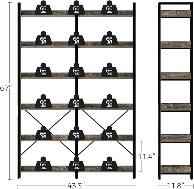 Seventable Bookshelf 6 Tier with 4 Hooks，67”Industrial Wooden Bookcase, Vintage Storage Rack with Open Shelves, Rustic Standing Bookshelves Metal Frame 43.3” Wide Display Rack, Gray