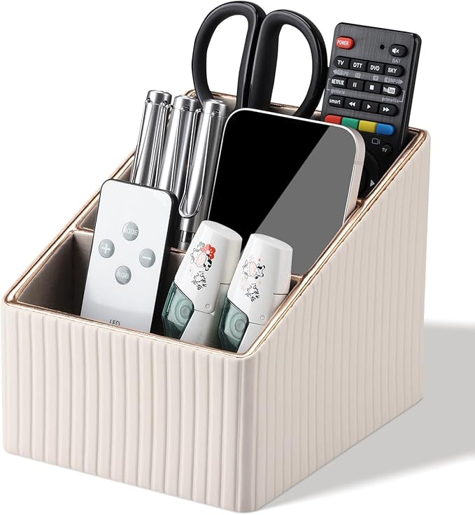 KINGFOM Remote Control Holder with 3 Compartments, Pu Leather Remote Caddy Desktop Organizer for TV, CD, Blu-Ray, Media Player, Heater Controllers and Cosmetics Office Supplies Light Beige