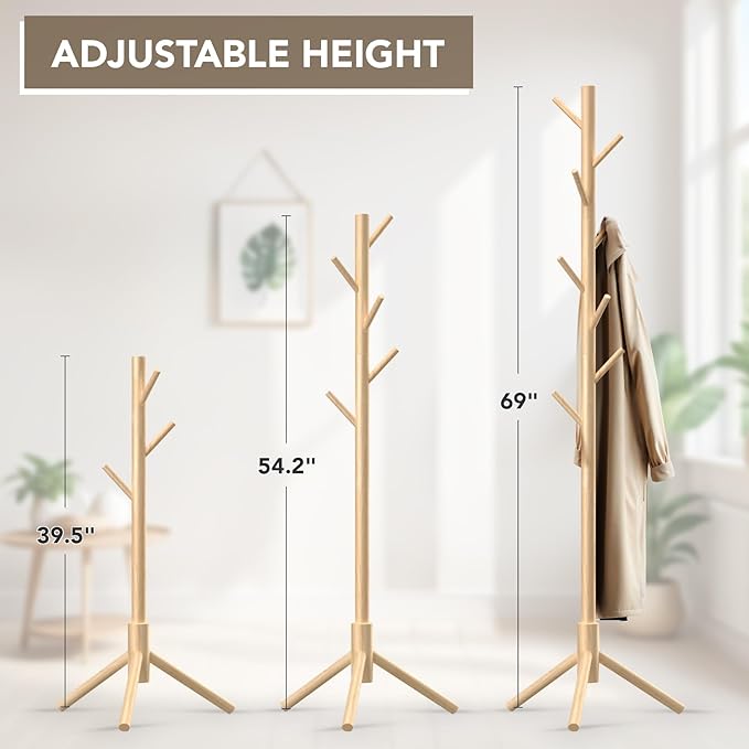 Wooden Tree Coat Rack Stand,Sturdy Freestanding Coat Rack with 8 Hooks,3 Adjustable Height for Child Adult,Wood Coat Stand Tree Fits Entryway Bedroom Office for Bags,Hats