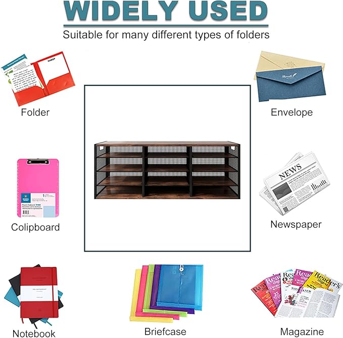 Mail Sorter Adjustable Holder, Countertop Literature Organizer, Student Mailbox for Classroom, Desktop Bill Paper Organizer for Office Home School, 12 Compartments, Brown