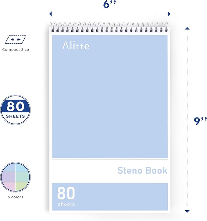 Steno Pads Spiral 6x9-12 Pack Pastel Colors - Perfect for Work, School, and Home Use, Easy Tear-Off Pages, Gregg ruled, White Paper - No Ink Bleeds - 80 Sheets