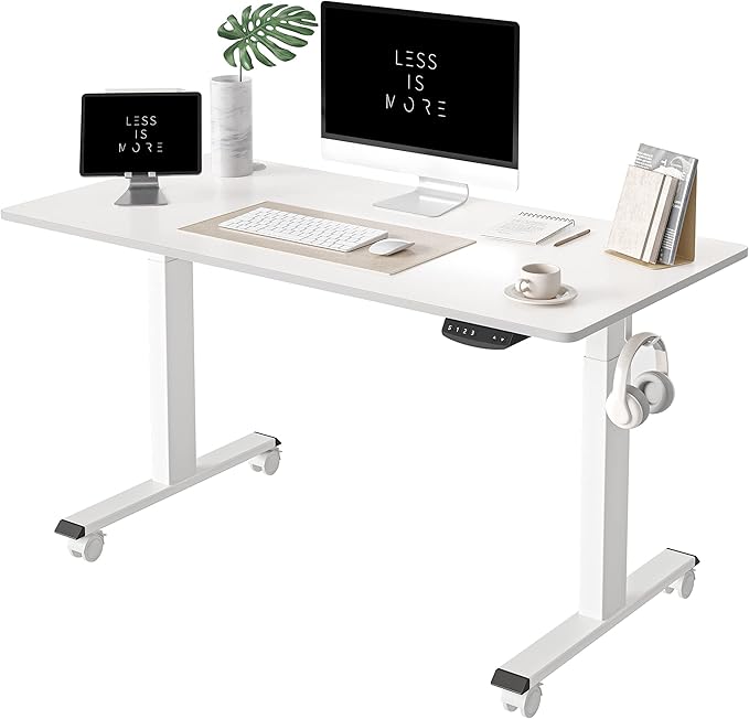 FEZIBO One-Piece Standing Desk Adjustable Height Stand up Home Office Desk, 48x24 Inch Electric Standing Computer Desk, with 4 Memory Presets, Fixable casters, White