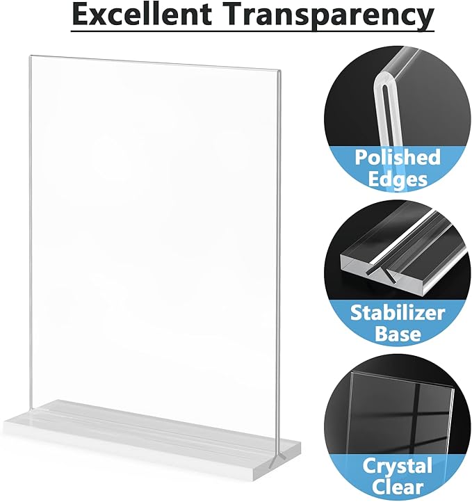 MaxGear 8.5x11 Acrylic Sign Holder 12 Pack, Clear Table Menu Display Stand Plastic Document Paper Holder Double Sided T Shape Sign Frame for Store, Restaurant, Hotels, Office