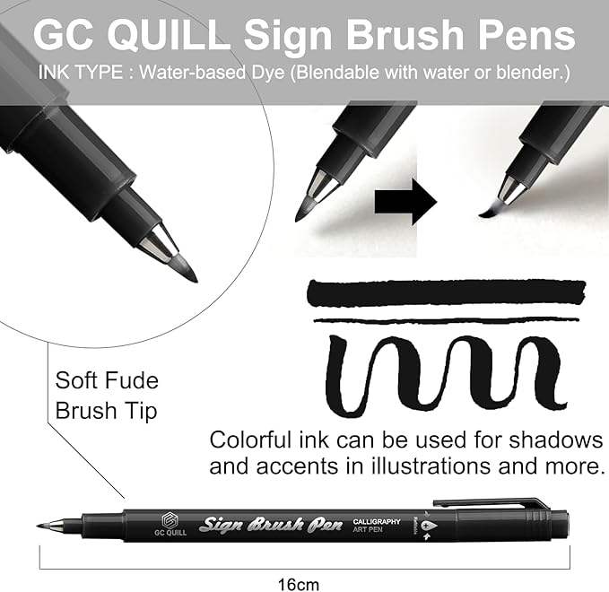 GC QUILL Fudenosuke Brush Pen - 16 Colors Calligraphy Brush Pens for Hand Lettering, Calligraphy, Drawing, Writing, Journaling GC-SB16