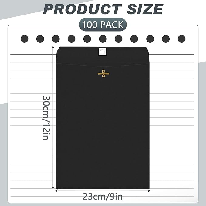 Geyee 100 Pcs Clasp Manilla Envelopes 9 x 12 Inch Gummed Colored Envelopes for Storing or Mailing for Home Office Business Supplies(Black)