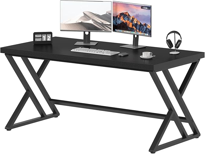 LVB Black Computer Desk, Modern Gaming PC Writing Desk for Home Office, Metal Computer Study Work Table for Bedroom, Industrial Executive Student Simple Workstation Desk, 55 in, Black Oak