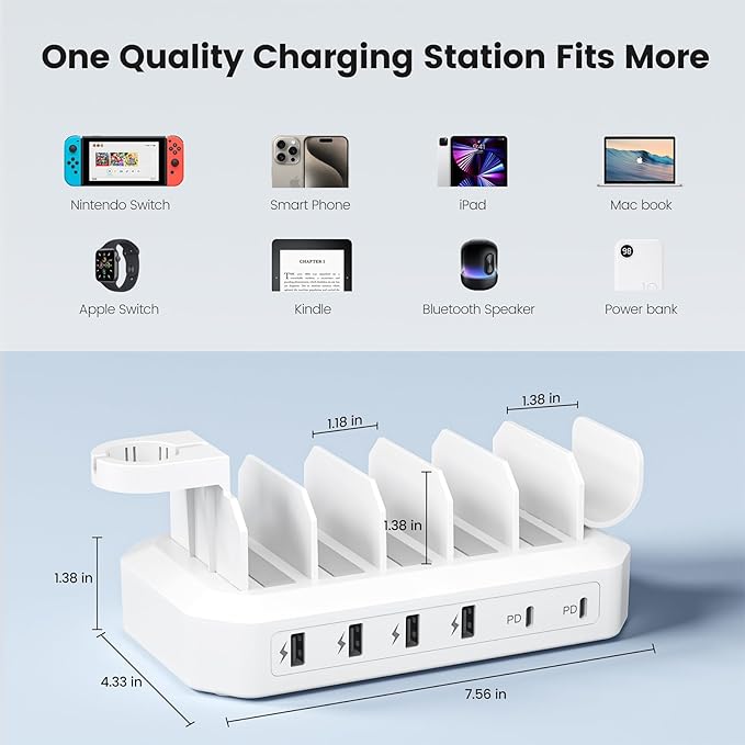 190W Fast Charging Station for Multiple Devices【Certified Safer Charging】 6 Port USB Charger Station - Family Multi-Device Organizer Charging Dock Compatible with iPhone/Android/MacBook/iPad/Tablet