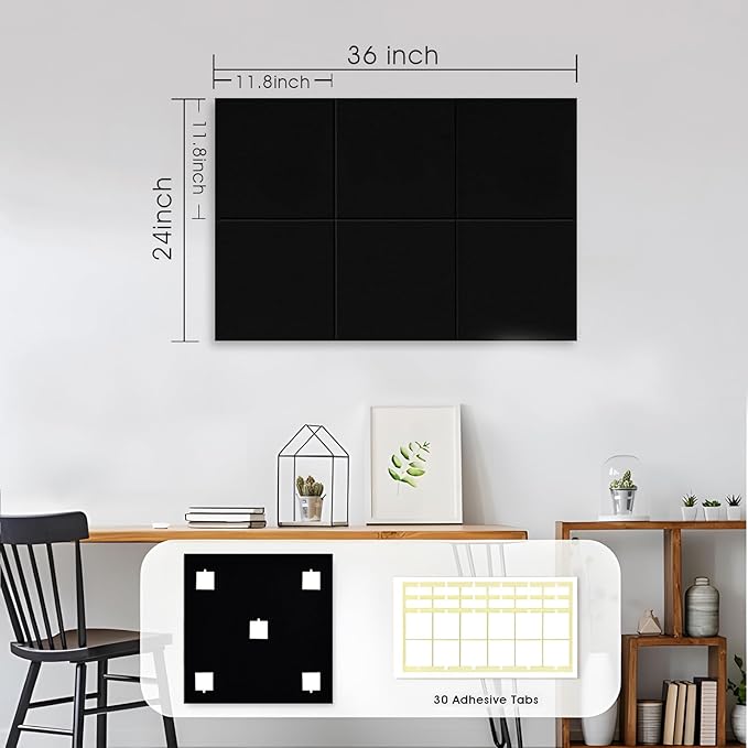 Large Cork Board for Office Wall Decor,36"x24"-6 Pack Cork Board Tiles with Safe Removable Adhesive Tabs, 1/2" Thick, Felt Bulletin Board Pin Board Cork Boards for Walls - Black