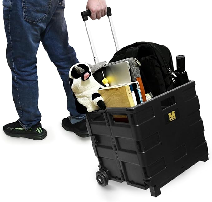 MaxWorks 50830 Collapsible Black Rolling Folding Dolly Cart for Teachers - Multi-Functional Teacher Dolly with Extra Storage, Durable Wheels, and Easy-to-Fold Design for Classroom, Office, Shopping