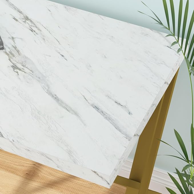 LVB White and Gold Desk, Wood Faux Marble Home Office Computer Desk, Modern Study Executive Table for Gaming Writing, Metal Simple Student Desk for Bedroom, White Marble and Gold, 55 Inch