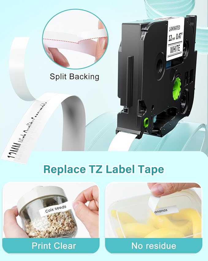 Label Tape for PT-1180 1280 1750 1890 2040 1090 1290 P300BT Compatible with Brother P touch Label Maker TZe-231 TZe231 12mm 0.47 Inch Laminated Black on White Ptouch tape 1/2"x 26.2' (12 mm x 8m), 8PK