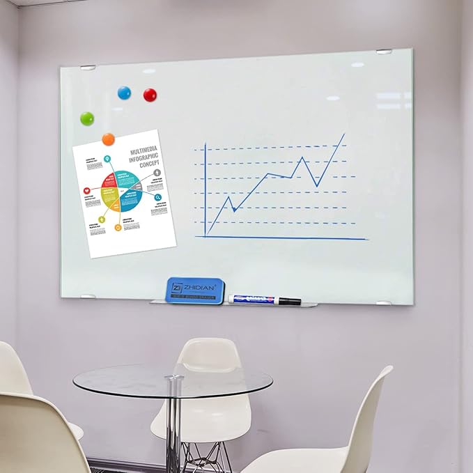 Glass Whiteboard 36x24 Magnetic Dry Erase White Board, Modern Tempered Glass Board for Wall, 3x2' Frameless Wall Hanging Mount Glassboard for Home Office School