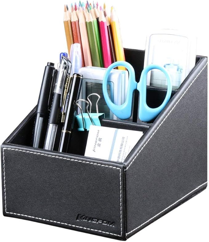 KINGFOM Remote Control Holder with 3 Compartments Pu Leather Remote Caddy Desktop Organizer Store Brush, Pencil, TV Guide, DVD, CD, Blu-Ray, Media Player, Heater Controllers(Black)