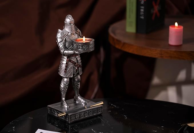 King's Guard Standup Knight Candlestick Holders Resin TeaLight Holder Warrior Mobile Phone Stand Pen Holder Candle Holder for Restaurant, Altar, Home Table(Silver)