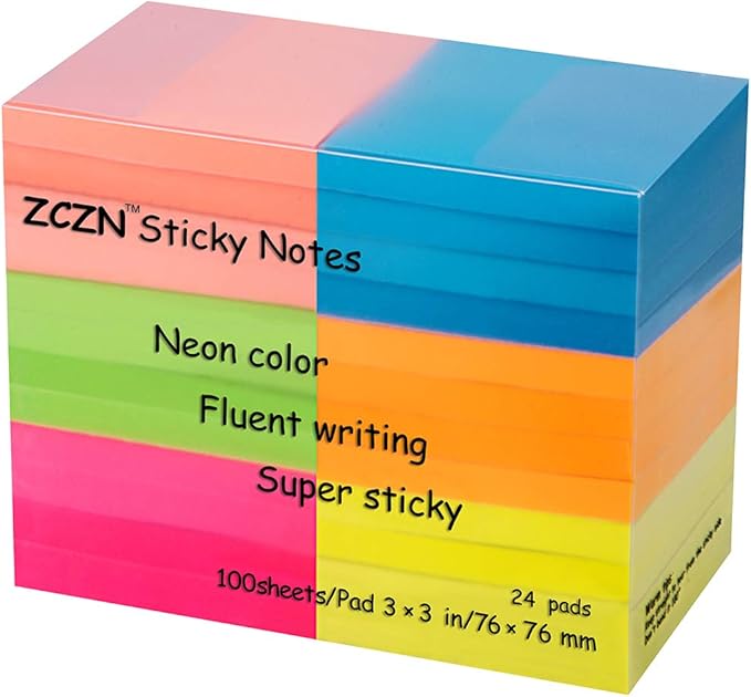 2400 Sheets Sticky Notes 3x3 Inches, 24 Pack ZCZN 6 Bright Color Self-Stick Note Pads, Colorful Sticky Notes Bulk, Easy to Post for Home, Office, School - 100 Sheets/Pad