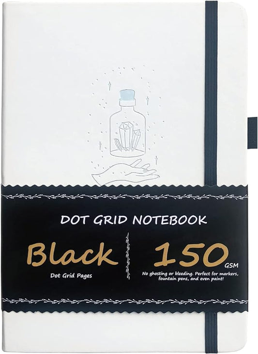 BUKE Dotted Journal A5 Hardcover Notebook- 160 Dot Grid Pages 150g Black Paper - Black PU Leather Hardcover 5.75" x 8.5" and Gift Box Mystery Bottles (BKB-2)