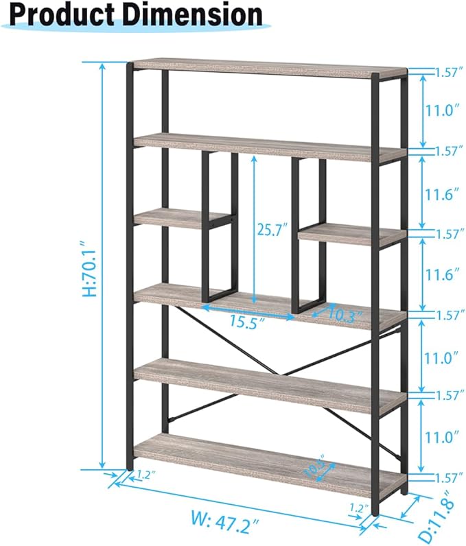 LVB Industrial 6 Tier Bookshelf, Large Tall Open Rustic Vintage Etagere Bookcase, Gray Big Wide Modern Farmhouse Wood and Metal Book Shelf for Home Bedroom Living Room Office Storage, Light Grey Oak