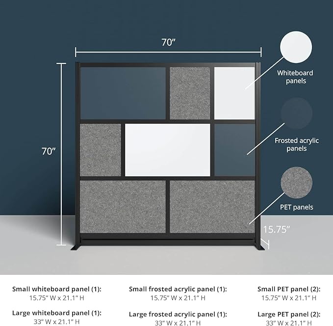 Workflow Modular Wall | Room Divider with Whiteboard, Sound-Dampening, & Frosted Acrylic Panels | Expandable Office Partition for Privacy & Productivity (70" x 70")