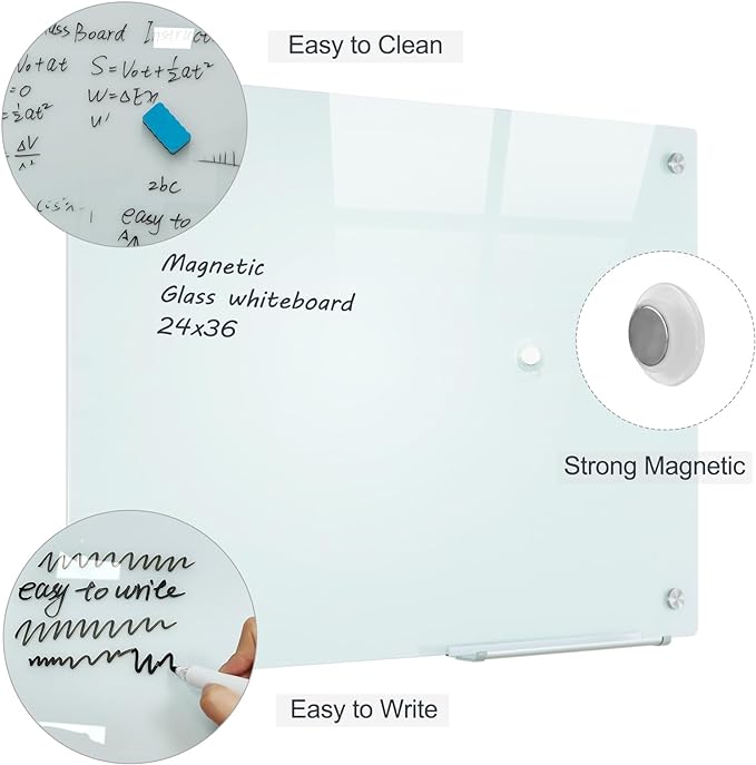 Glass Magnetic White Board - 36 x24 Inches Frameless Dry Erase Glass Whiteboard for Wall, Writing Board for Office, Classroom, Home and Presentation