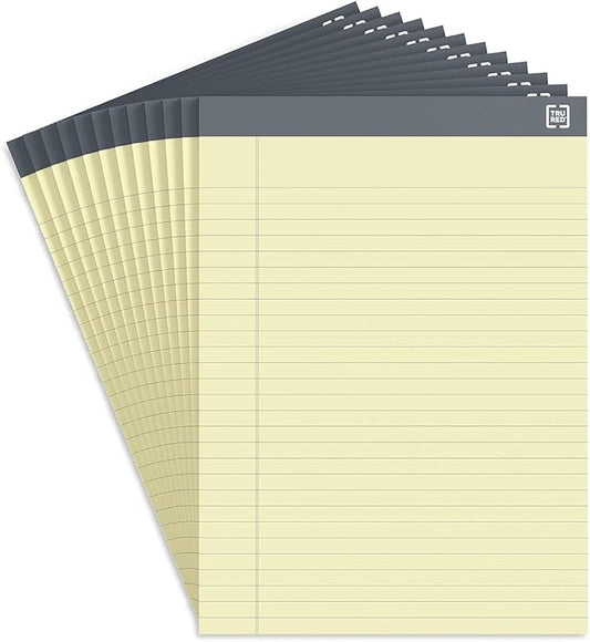TRU RED Staples Notepads, 8.5" x 11.75", Wide Ruled, Canary, 50 Sheets/Pad, 12 Pads/Pack (TR57366)