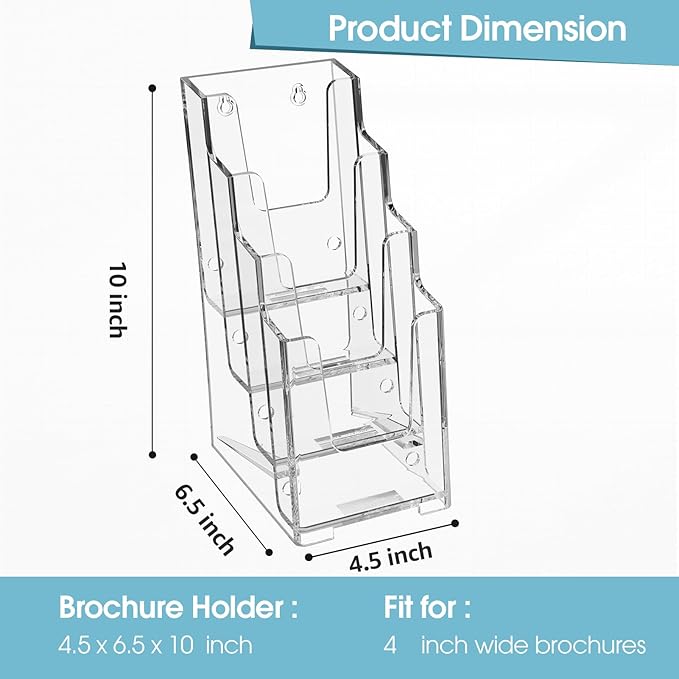 MaxGear Acrylic Brochure Holder, 4-Inch Wide 4 Tier Clear Literature Holder Premium Acrylic Pamphlet Holder Multi Pocket Brochure Display Stand, Wall Mount or Counter Top Use(3 Pack)
