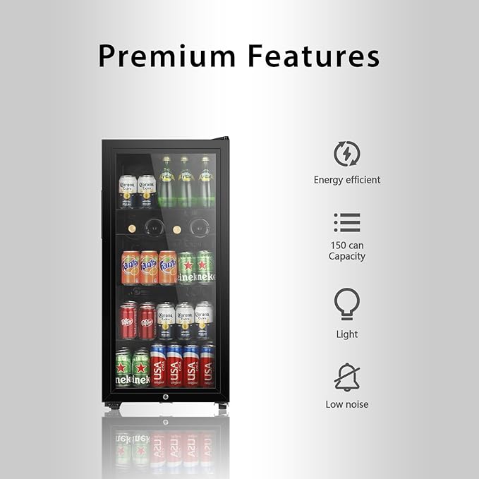 LANG Beverage Refrigerator, 4.5 Cu.Ft, Mini Fridge with Glass Door for Soda Beer, Freestanding Beverage Cooler for Office, Bar, Adjustable Shelving&Adjustable Foot