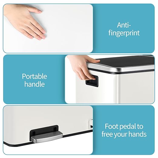 16 Gallon Rectangular Stainless Steel Trash Can, Dual Compartment Garbage Bin with Recycling Combo, Metal Dustbin Lid, Removable Liner, Indoor Hands Free Waste Bucket for Kitchen Home