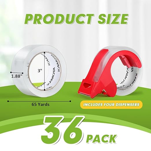 KAMOTA Packing Tape, 36 Rolls Heavy Duty Clear Packaging Tape for Shipping Packaging Moving Sealing, 1.88 inches Wide, 65 Yards Per Roll, Total 2340 Yards with 4 Dispensers
