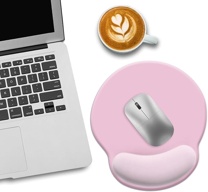 Pink Ergonomic Mouse Pad with Wrist Rest, Gaming Mousepad Gel Wrist Support with Non-Slip Pain Relief PU Base, Comfortable Computer Mouse Pads for Desk, Pink Office Desk Accessories Decor