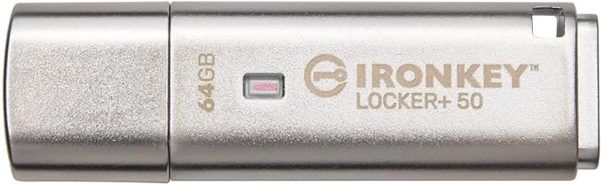 Kingston Ironkey Locker+ 50 64GB Encrypted USB Flash Drive | USB 3.2 Gen 1 | XTS-AES Protection & TAA Compliant | Multi-Password Security Options | Automatic Cloud Backup | Metal Casing | IKLP50/64GB