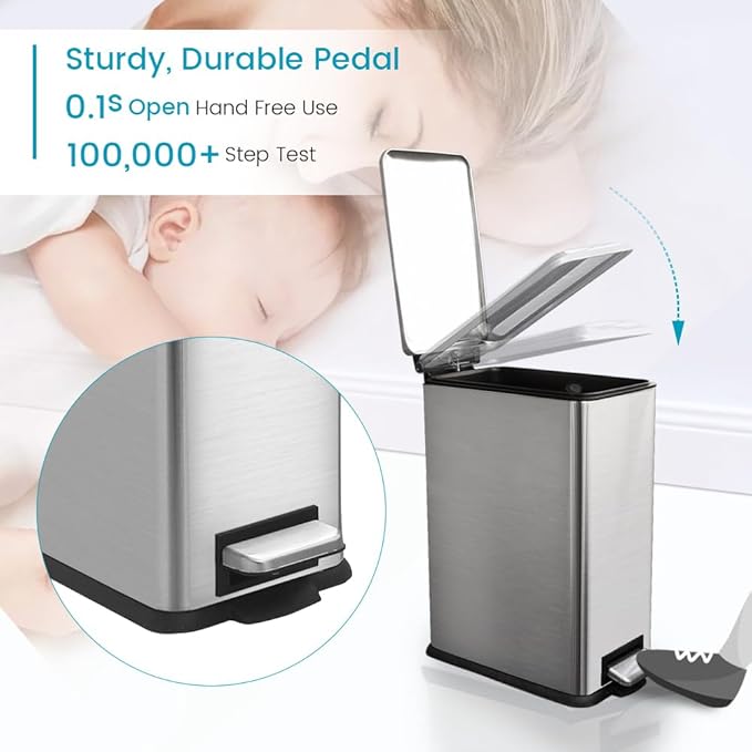 16.7L/ 4.4 Gallon Rectangular Slim Kitchen Trash Can with Removable Inner Bucket, Soft Close lid, Stainless Steel Step Pedal Garbage Can for Bathroom, Kitchen, Home Office, Brushed Silver