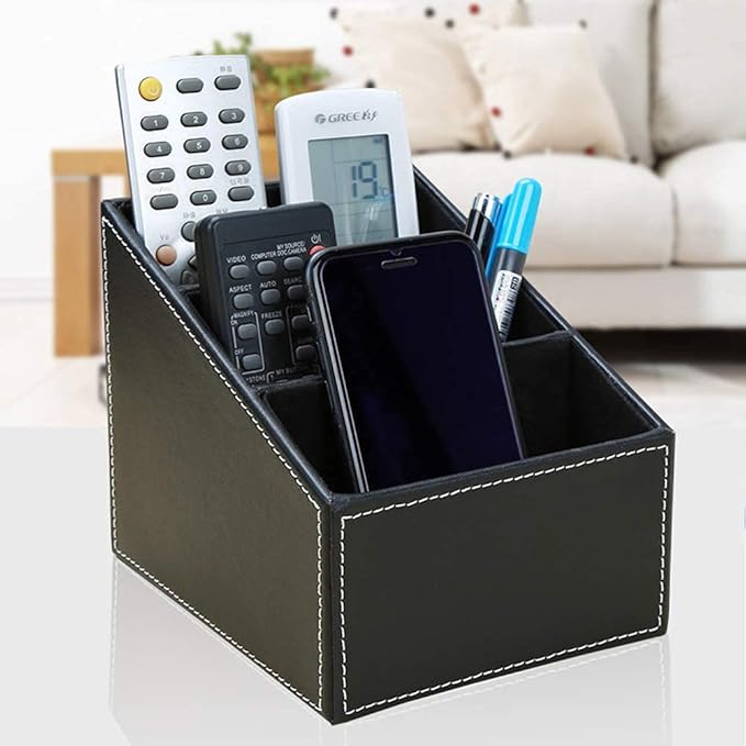 KINGFOM Remote Control Holder with 3 Compartments Pu Leather Remote Caddy Desktop Organizer Store Brush, Pencil, TV Guide, DVD, CD, Blu-Ray, Media Player, Heater Controllers(Black)