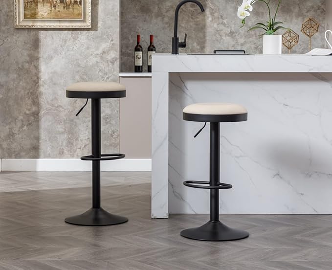 Round Swivel Counter Height Bar Stools Set of 2 Modern Adjustable Barstools Backless PU Leather Bar Chairs Industrial Island Chairs with Metal Base/Footrest for Kitchen Island/Pub/Cafe Beige