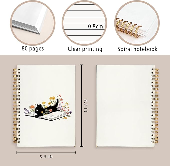 Cat Notebook Journal for Teen Girls, Black Cats Floral Book Spiral Notebook for School Supplies, Cute Notebooks for School Aesthetic, Cat Lover Gifts for Women Men & Girls 5.5x8.3 Inch